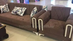 Brown Fabric Sofa Set With White Trime - 5 Seater