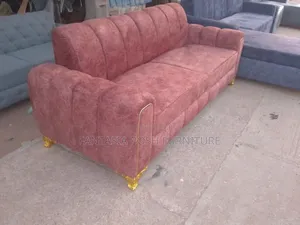 3-Seater Pink Fabric Sofa With Gold Accents
