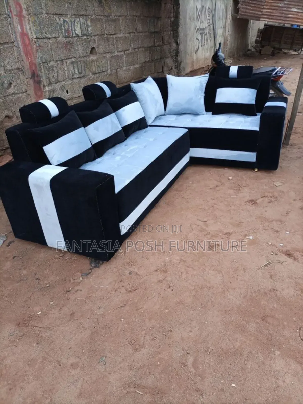 5-Seater Black and White L-Shaped Sofa - Free Delivery