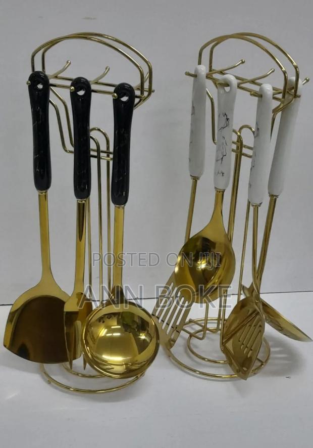 *6 in 1 Gold Vanished Serving Spoon Set With Stand and Ceramic