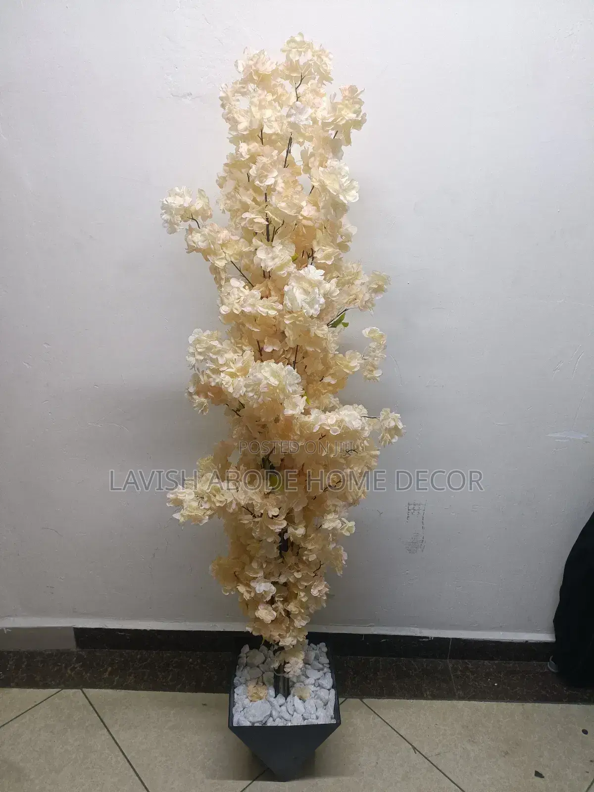 Peach Artificial Cherry Blossom Plant in Black Hexagon Vase