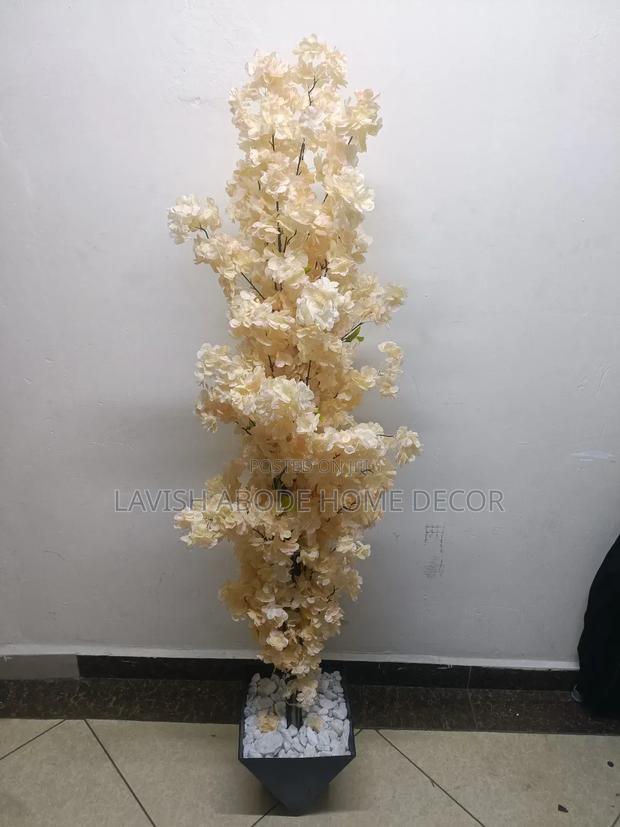 Peach Artificial Cherry Blossom Plant in Black Hexagon Vase