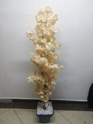Peach Artificial Cherry Blossom Plant in Black Hexagon Vase