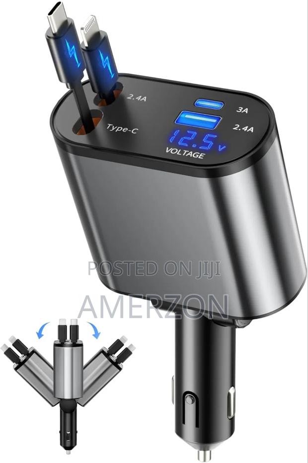 Retractable Car Charger, 4 in 1 Fast Charging Car Charger Usb-C