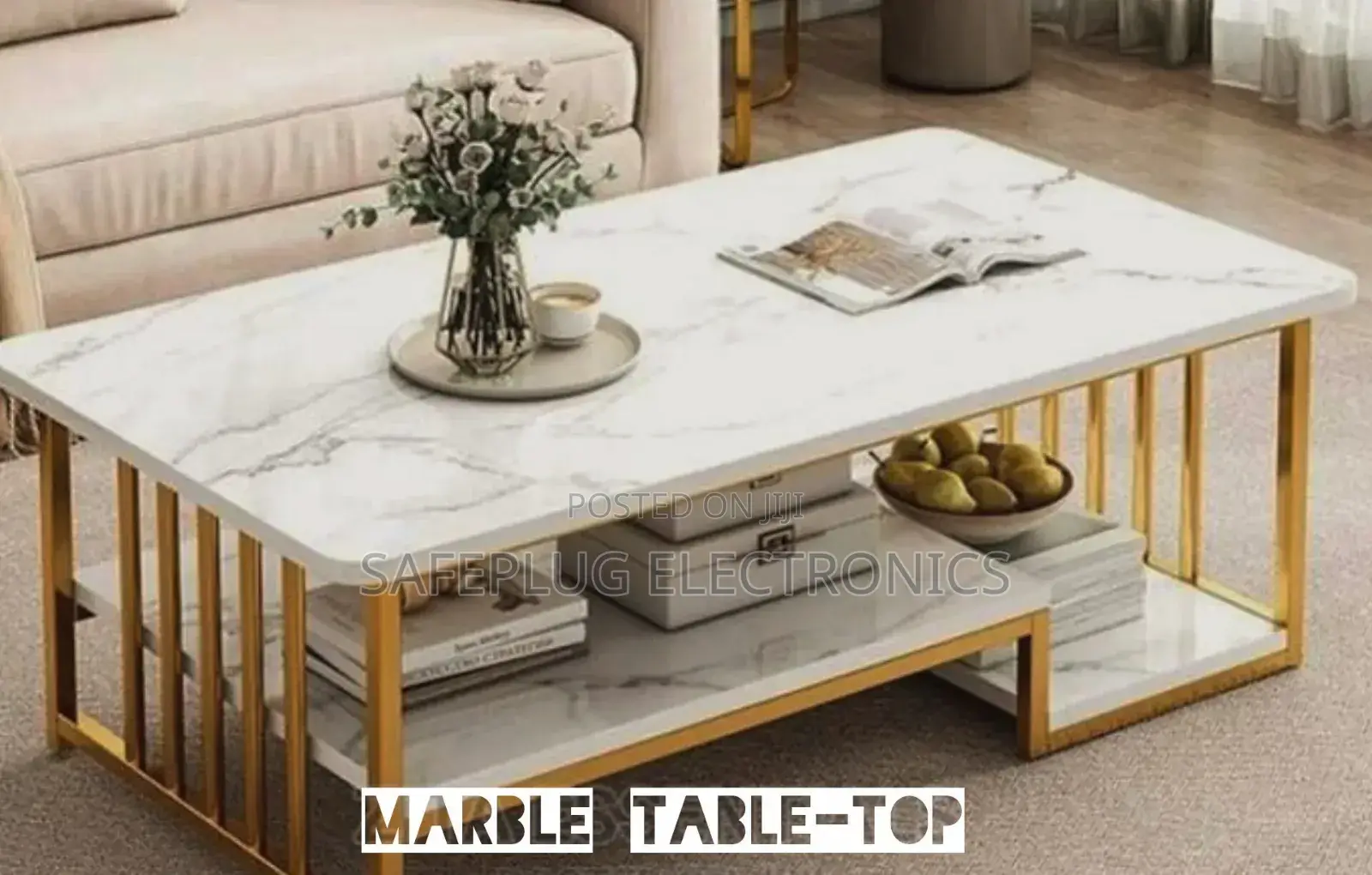 Rectangular White Marble Coffee Table With Gilden Frame Stand