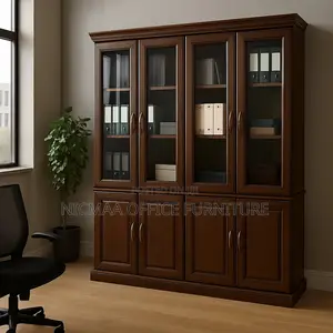 Sleek Storage With Glass Wood Finish Premium Office Cabinet