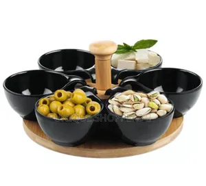 6 Ceramic Appetizer Serving Bowls With Bambo Turning Tray. Reusable