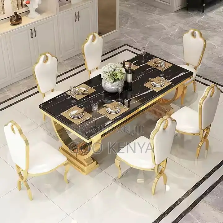 Home Dining Set; 6-Seater Dining Chairs With Rectangular Marble Table