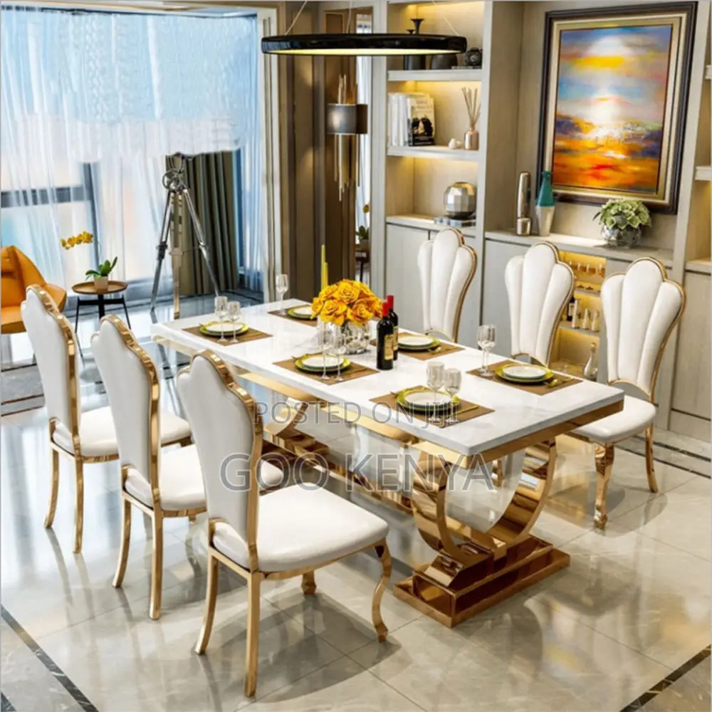 Home Dining Set; 6-Seater Dining Chairs With Rectangular Marble Table