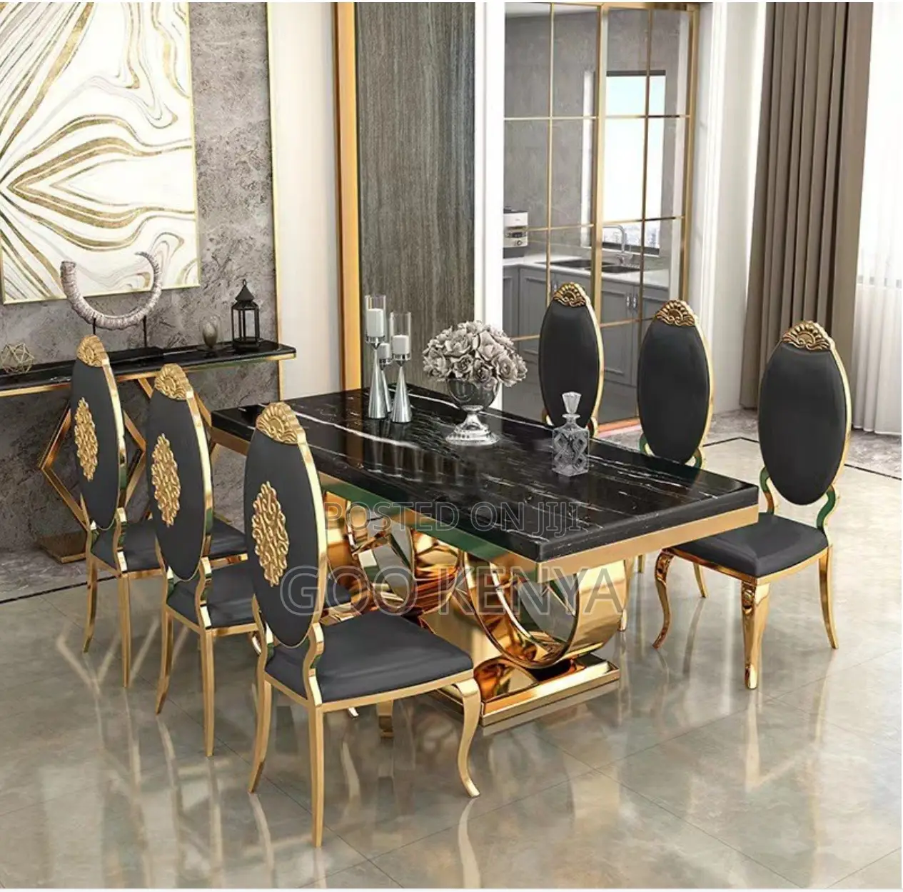 Home Dining Set; 6-Seater Dining Chairs With Rectangular Marble Table