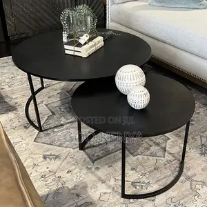 Home Coffee Table; Twin Round Wooden Coffee Table With Metal Base