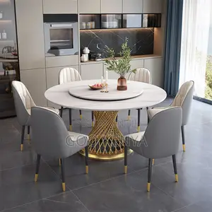 Home Dining Table; Lazy-Susan Turntable Marble With 6 Leather Chairs