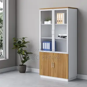Office Cabinet; Wooden Lockable Storage Cabinet With Glass Top Doors