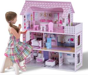 Pink Wooden Kids Doll House With Furniture Set - main view