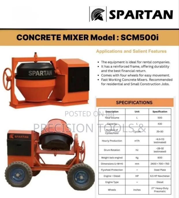 500l Spartan Concrete Mixer Diesel Engine 6.5hp