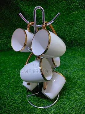 6pc White Mugs With Gold Rim