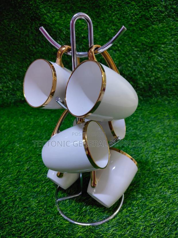 6pc White Mugs With Gold Rim - main view