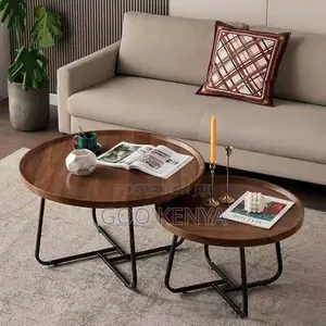 Home Coffee Table; Wood Top Round Coffee Table With Metallic Legs