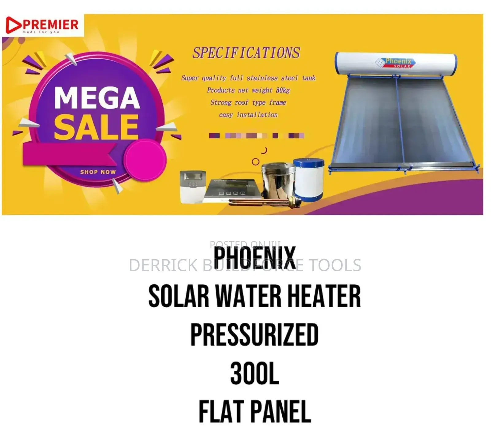 Premier Phoenix Solar Water Heater Pressurized 300l Flat Bed