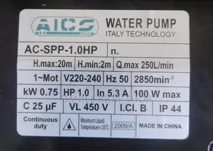 Ac-spp-1.0hp Aico Japan Swimming Pool Pump Head Max 20 Mtrs 250l/Min