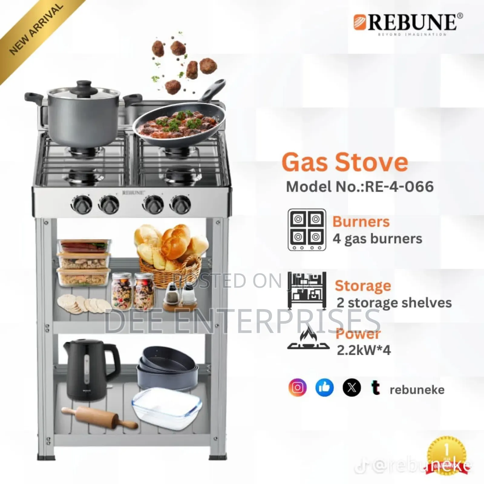 Rebune 4 Burner Gas Stove With Shelves