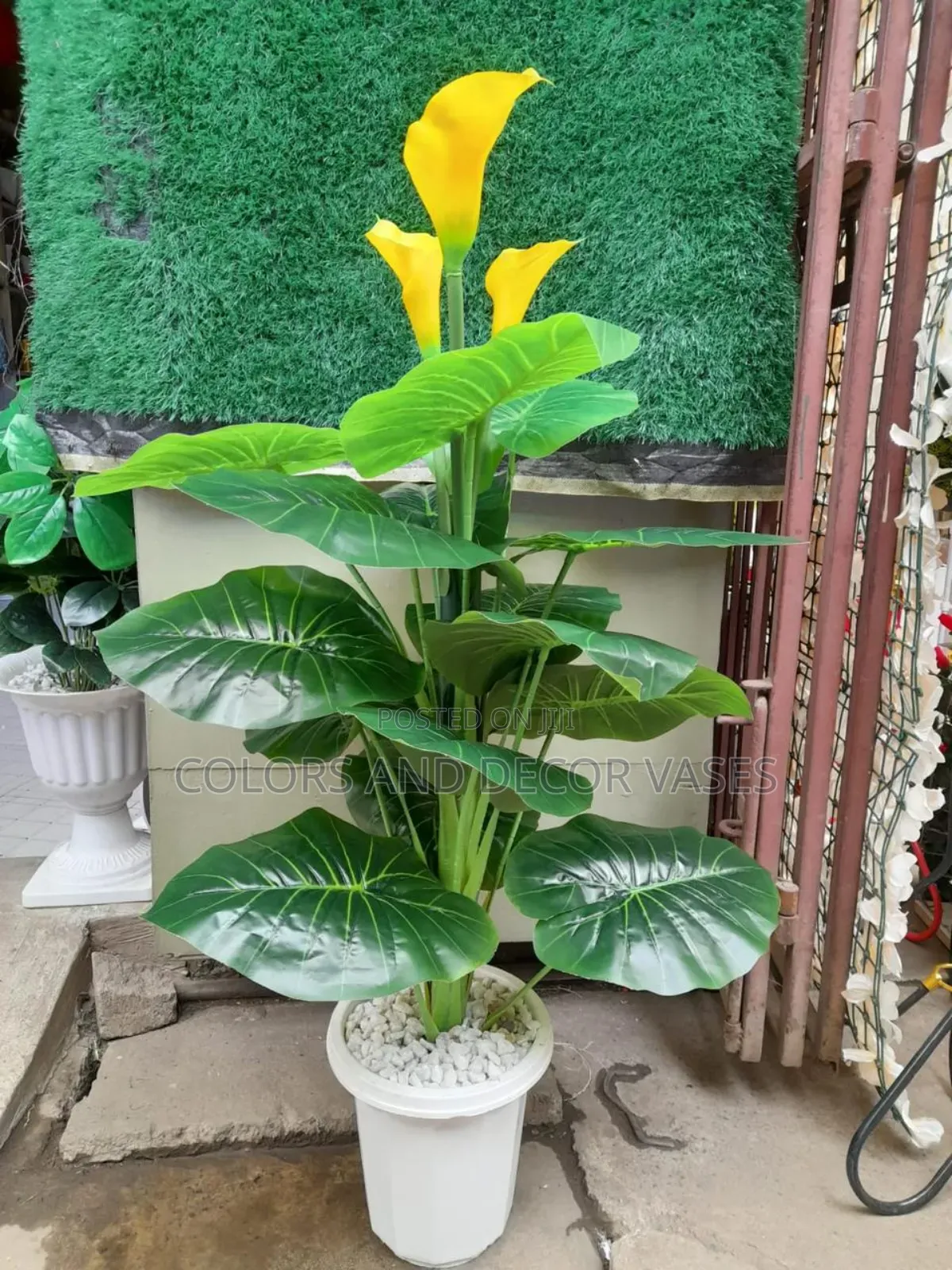 Yellow Tulip Plant Plus Vase Plastic Stones