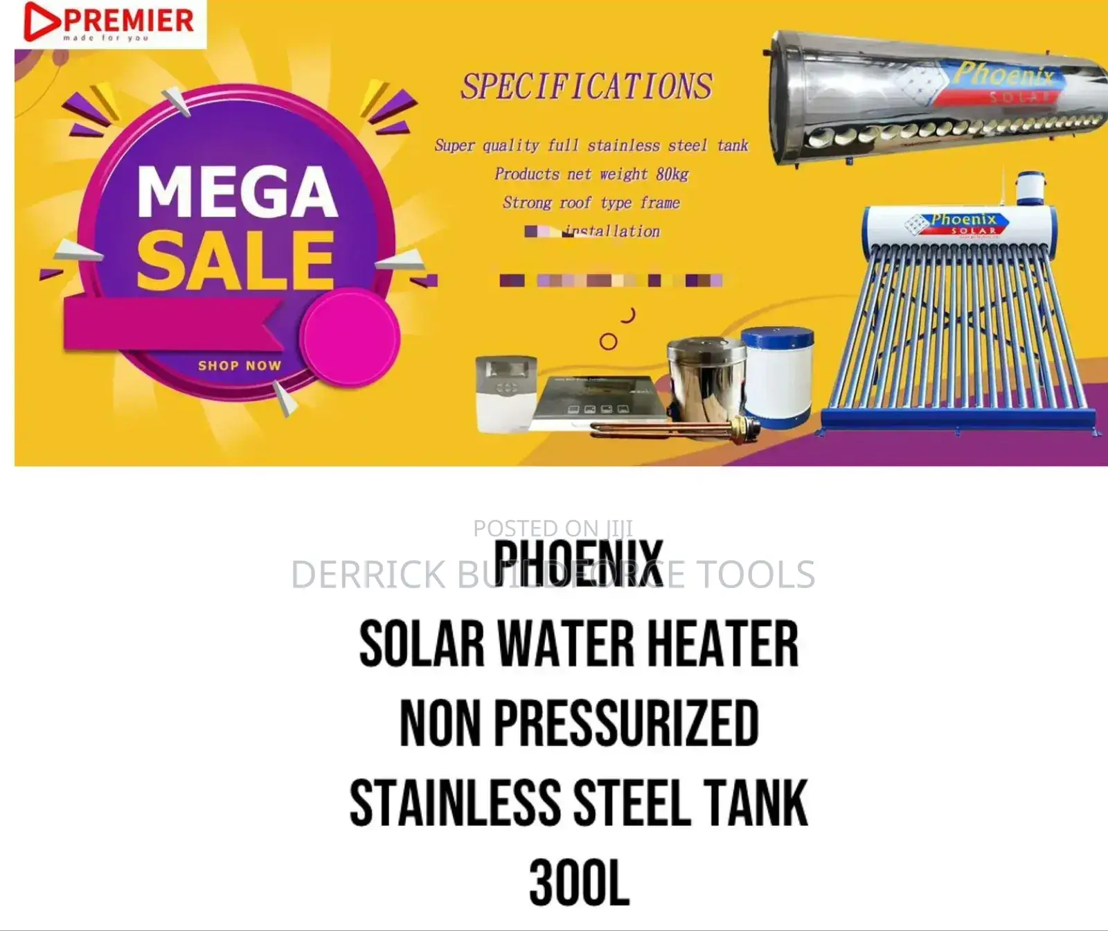 Phoenix 300l Solar Water Heater Non-Pressurized Stainless Steel Tank