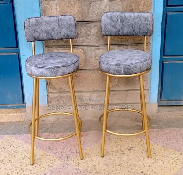 Counter Stools With Grey Patterned Fabric. - thumbnail 2
