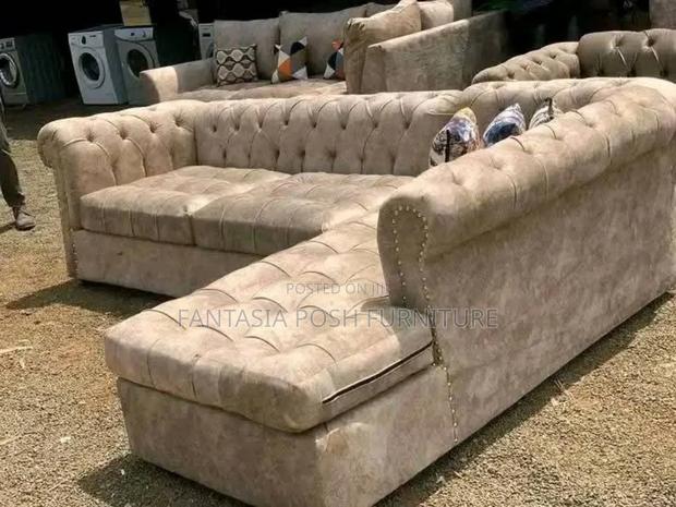 5 Seater Beige Button-Tufted Sectional Sofa - Free Delivery