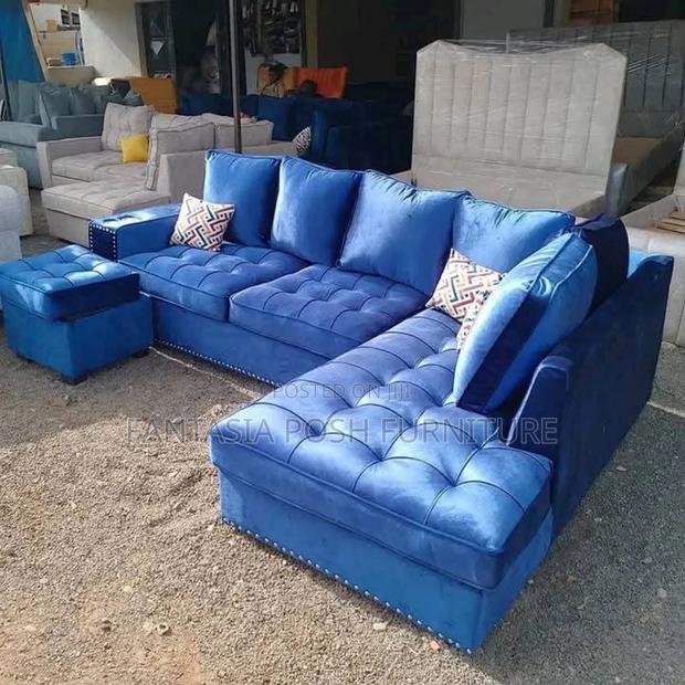 5 Seater Blue Button-Tufted Sectional Sofa + Ottoman - Free Delivery - main view