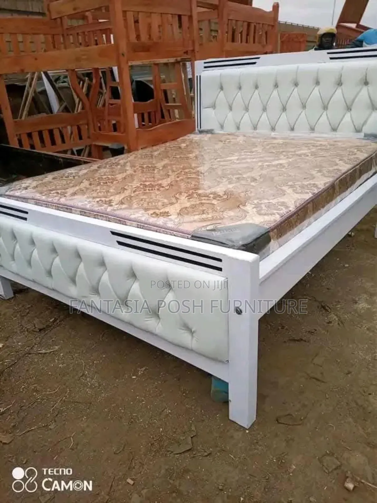 5x6 White Wooden Bed Frame in Tufted Fabric Headboard Footboard