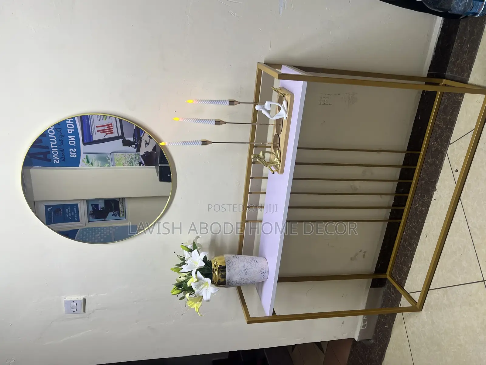 Console Table With Round Gold Mirror Decorative Entryway Hallway W