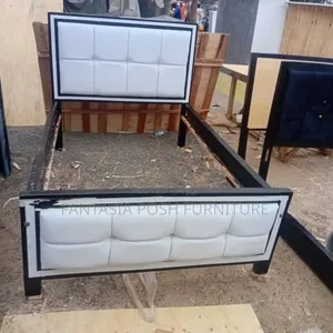 5x6 Black Wooden Bed With White Upholstery