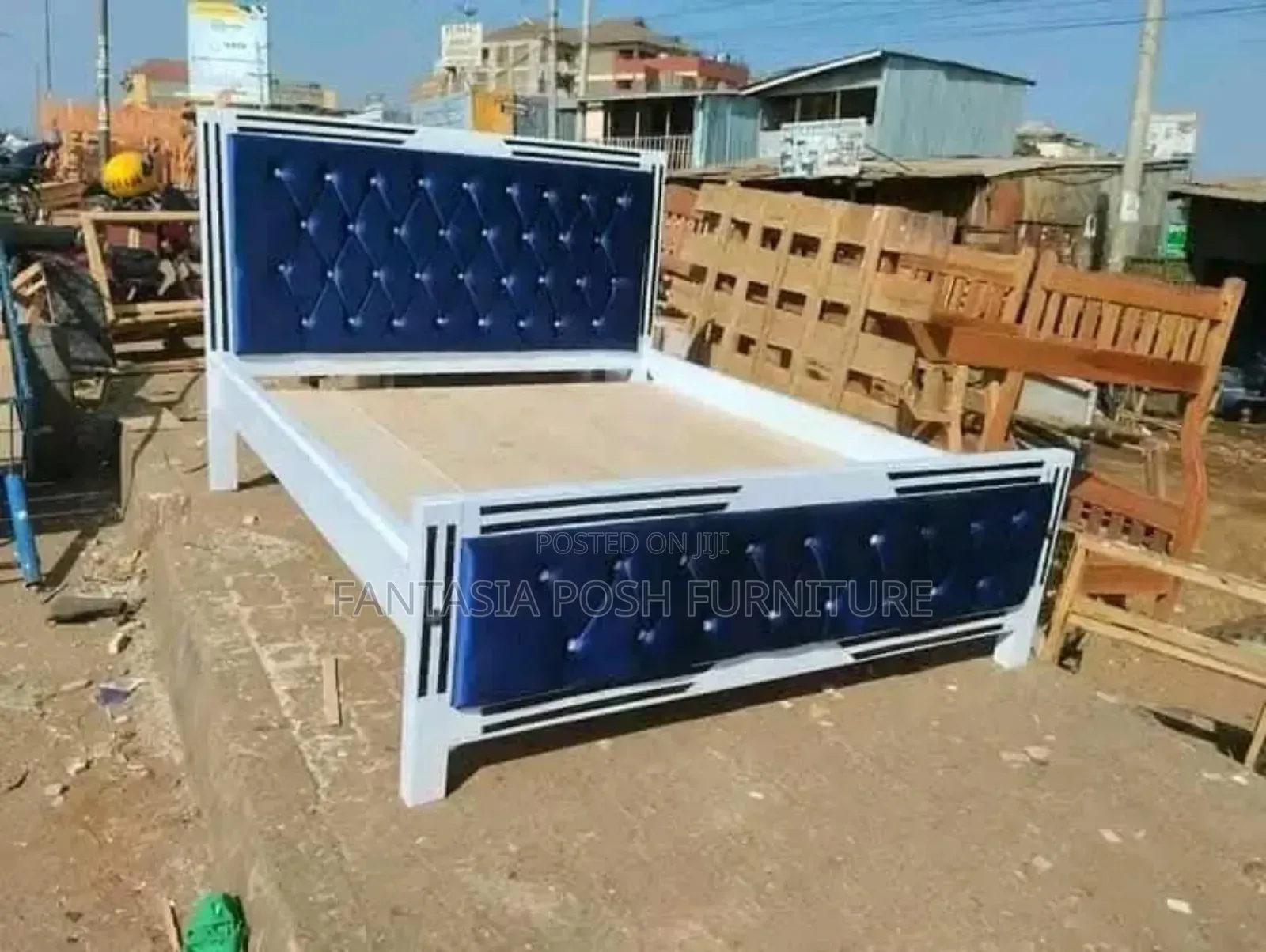 5x6 White Wooden Bed With Navy Blue Upholstered Diamond Tufted Panels