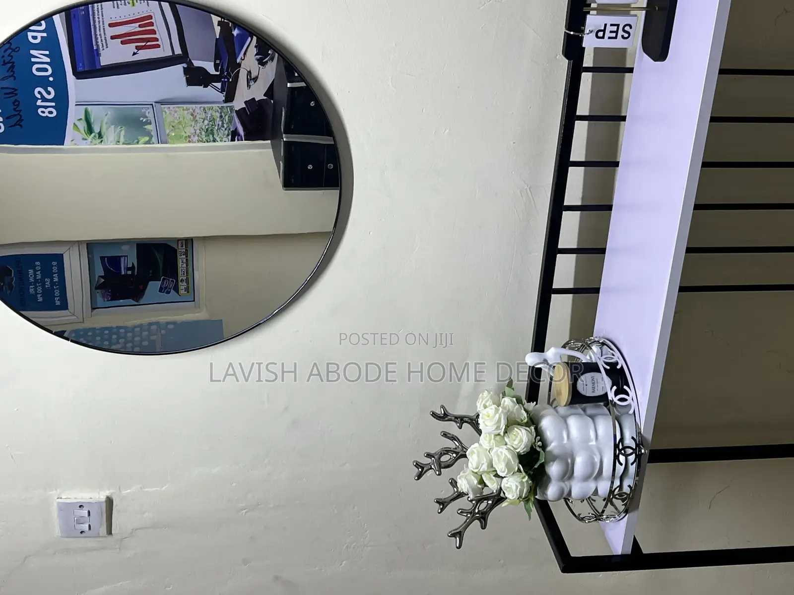 Decorative Black Console Table With Round Mirror Set