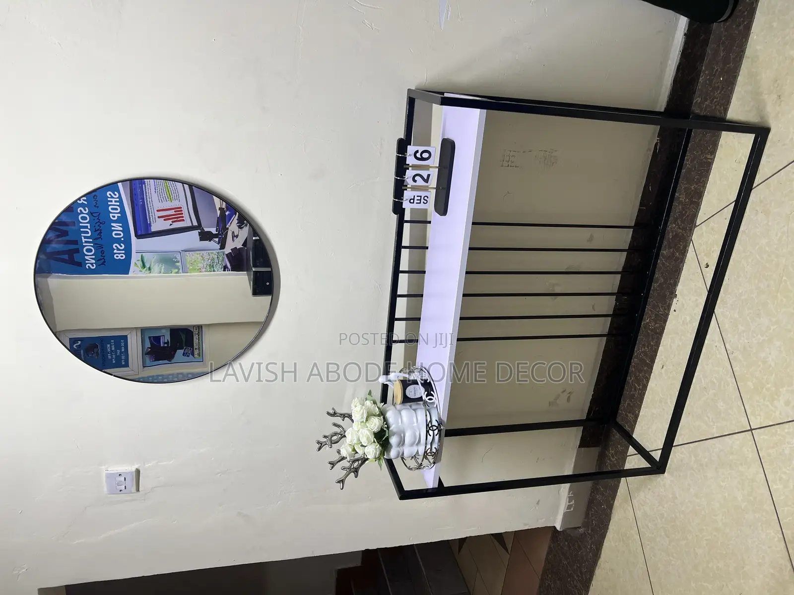 Decorative Black Console Table With Round Mirror Set