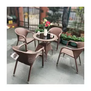 Outdoor Dining Set; 4-Seater Round Glass Dining Set With Rattan Chairs