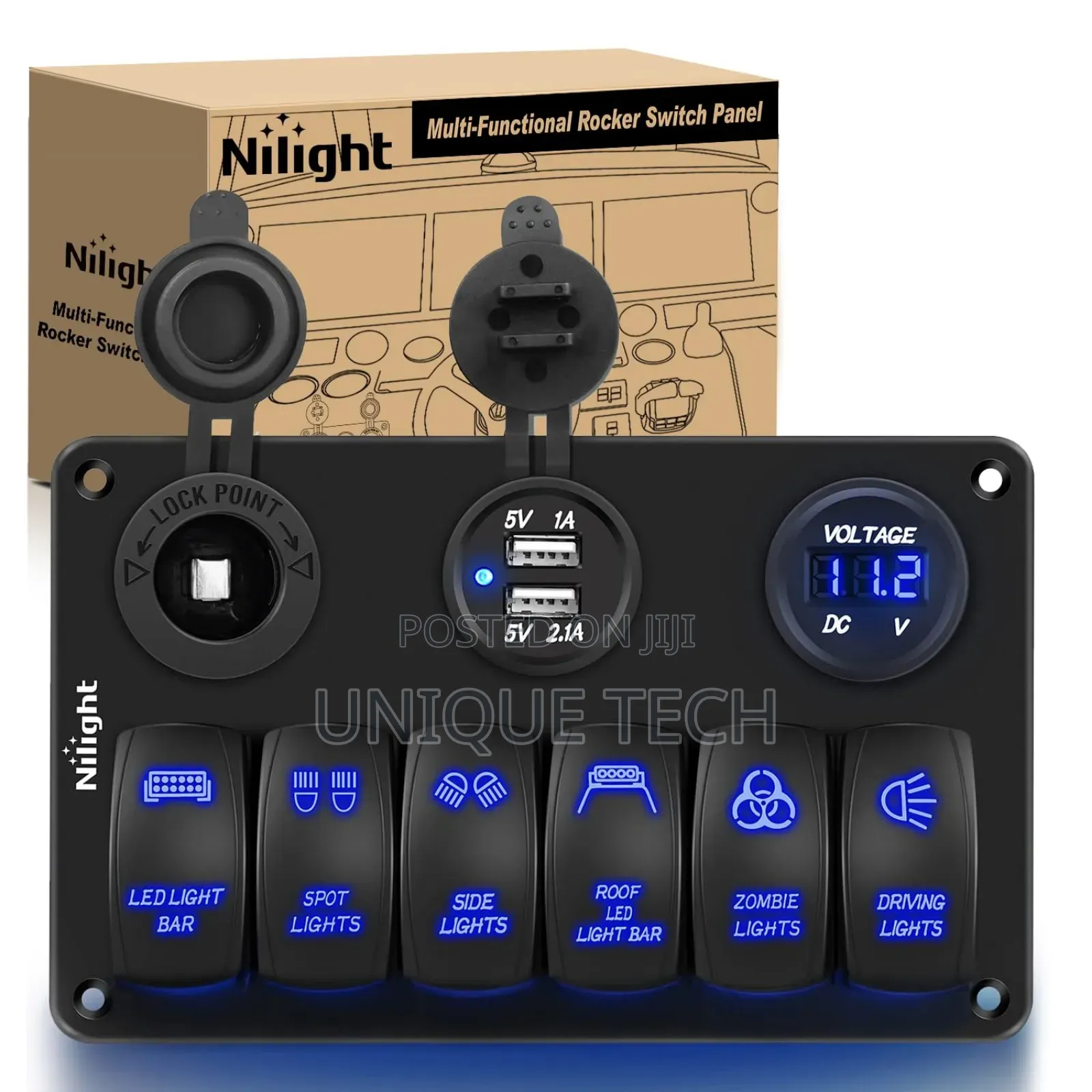 6 Gang Illuminated Rocker Switch Panel With Voltage Display
