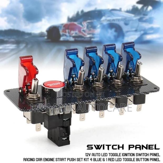 Durable 12v Black Powder Coat Switch Panel, 4 Blue, 1 Red, Start