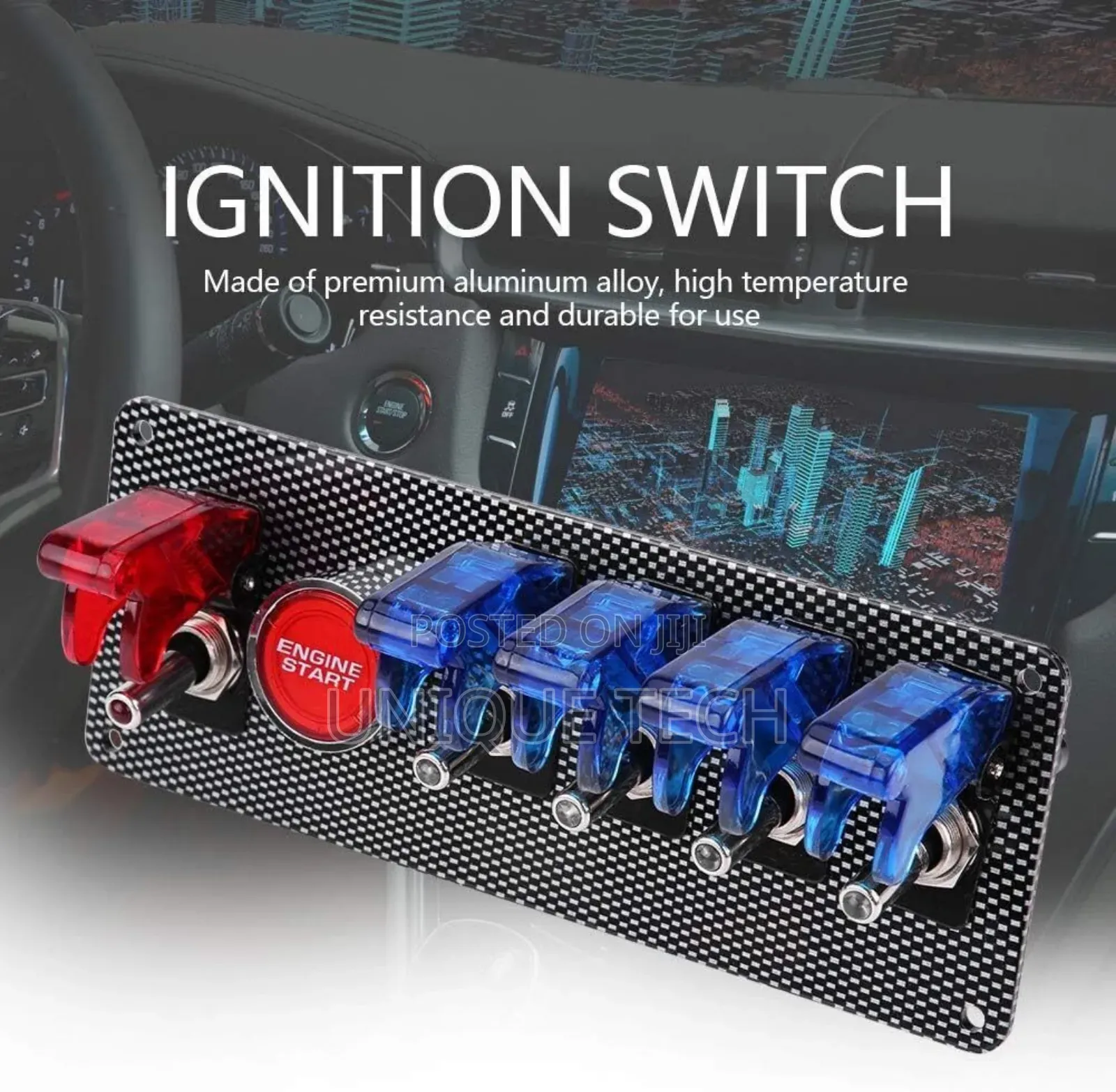 Premium Black 12v Switch Panel, 4 Blue 1 Red With Push Start Button