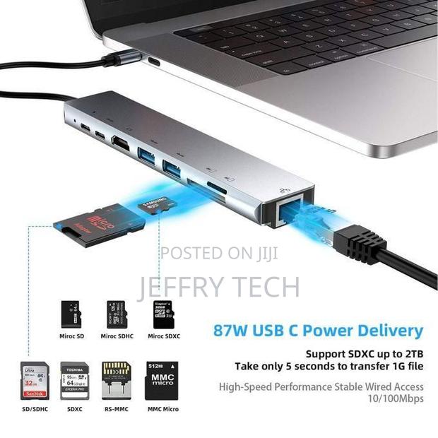 New 8 In1 Type-C Hub 87w Fast Charge With Sd Card-Grey