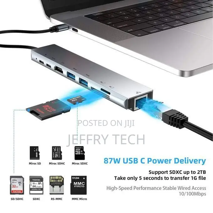 New 8 In1 Type-C Hub 87w Fast Charge With Sd Card-Grey