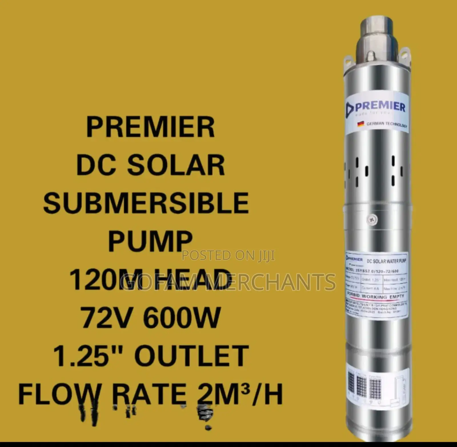Premier Dc Solar Submersible Pump – 120m I'll Head | 1.25′′ Outlet