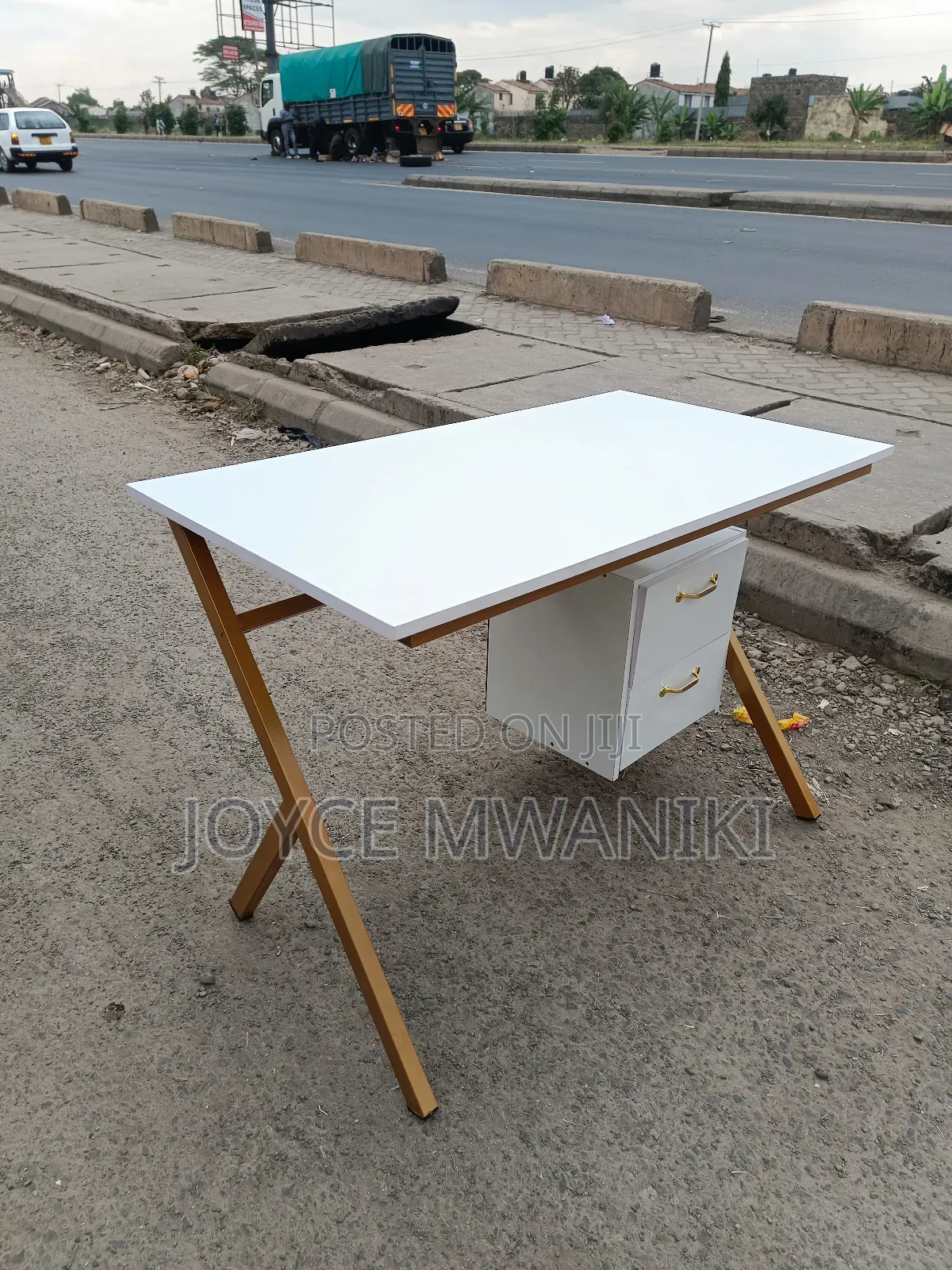 Study Desk With Drawers, White and Gold 