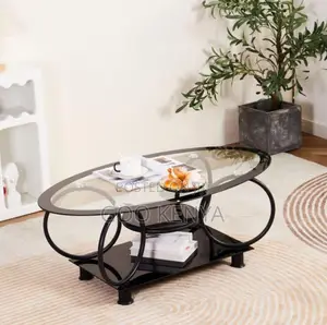 Home Coffee Table; Oval-Shaped Glass Coffee Table for Living Room