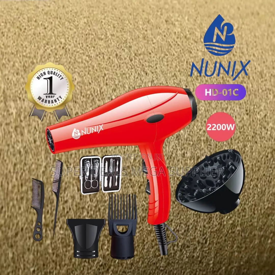 Nunix Hd- 01c Red Blow Dryer With 2 Speed Settings With Accessories