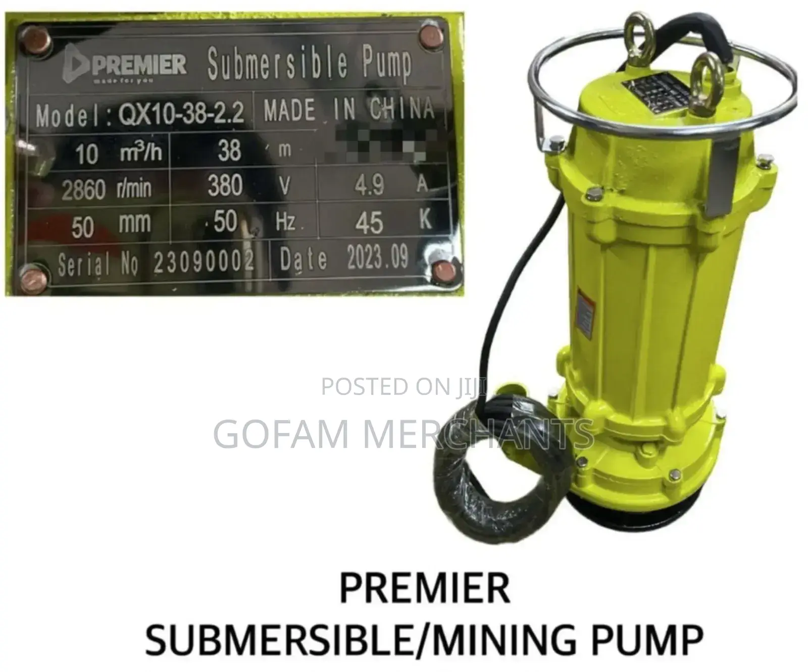 Single Phase Submersible/Mining Pump 38m Head 2"Outlet