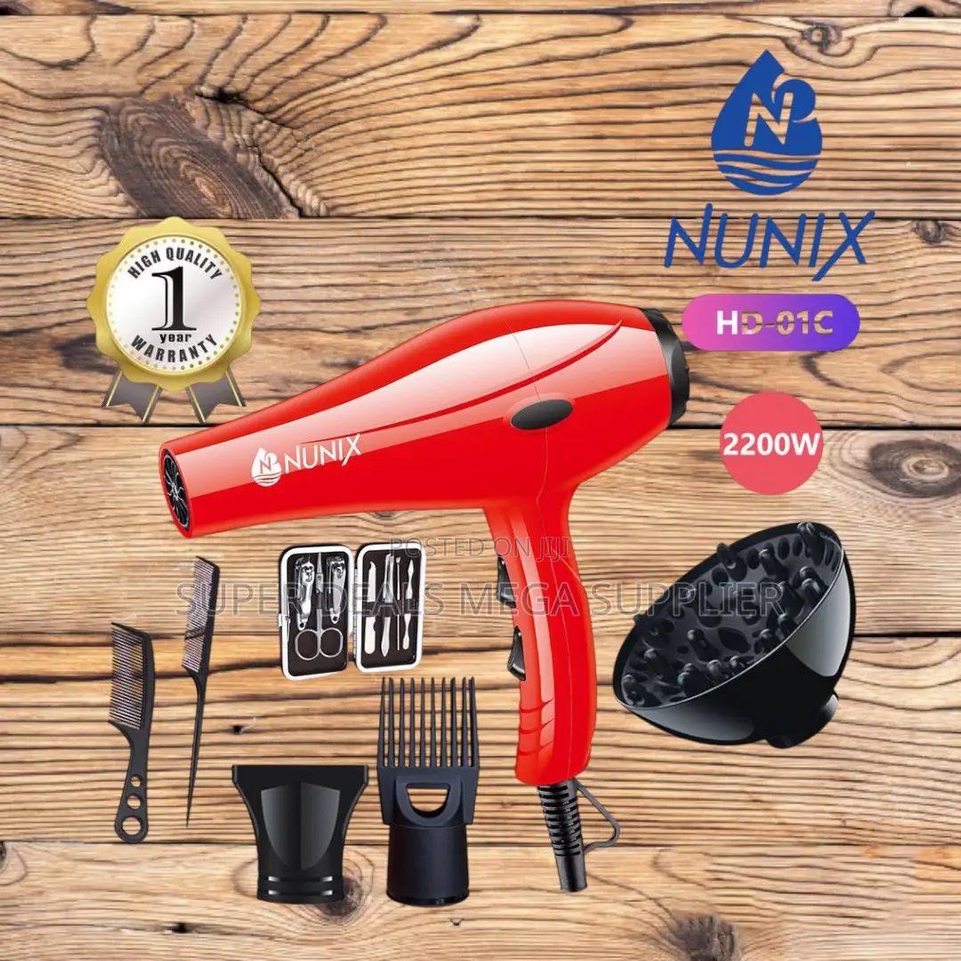Nunix Hd-01c Red Hair Dryer Powerful Blow Dryer With Accessories