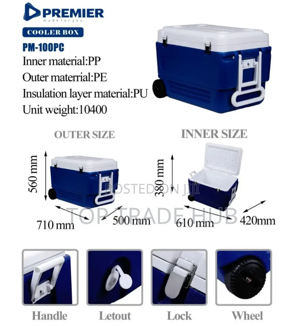 Premier Pm-100pc 100l Cooler Box With Sturdy Handles And Wheels