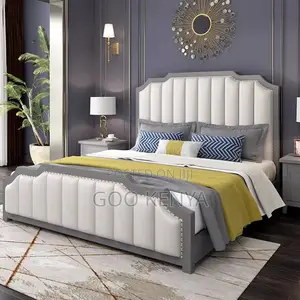 Home Bed; Wooden Master Bed With Leather Panel Design